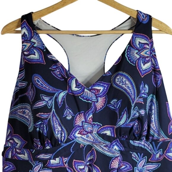 Lands' End Tankini Swim Top Blue SZ 24W Racerback Shelf Bra Paisley Flutter Hem - Picture 2 of 8